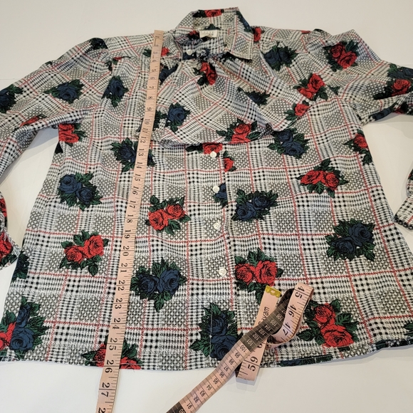 Vintage Leslie Fay Sportswear Floral Gingham Puff Sleeve Tie Button Up Top NWT! - Picture 9 of 16